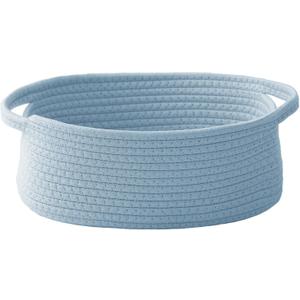 JMvicyroam Woven Basket,Small Rope Storage Bin with Handles & Ribbon Bag, Organizer for Shelves Closets,Gift Basket Empty for Birthday,Books,Dog Toys, Blue (1 Pack)