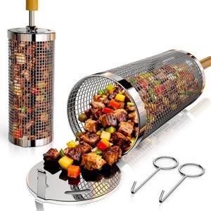 cookwise Rolling Grill Basket,Upgraded 304 Stainless Steel,Nesting Grilling Net,Removable Wooden Handle,BBQ Accessories Tools for Veg,Prawns & Meat,Camping Outdoor Cooking,Gifts for men Dad