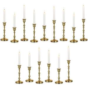 Inweder Brass Candlestick Holders Vintage: Set of 15 Gold Taper Candle Holder Metal Candle Sticks Holder Antique Decoration for Dinning Table Mantel Wedding Centerpieces Christmas Party