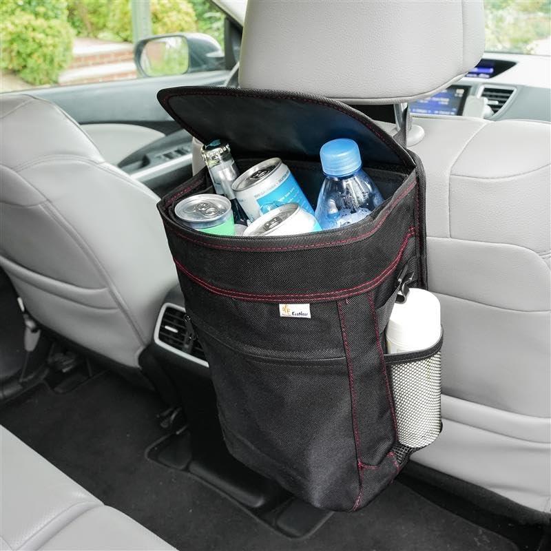 EcoNour Car Trash Can 2.5 Gallon with Lid & Storage Pockets | Waterproof Hanging Garbage Bin with Removable Inner Bag | Automotive Accessories for SUVs, Trucks & More | Black