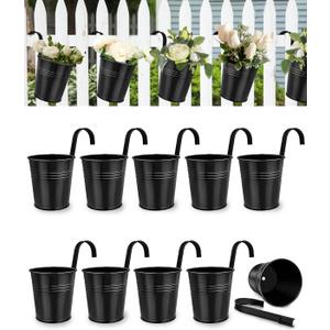 6 Inch Metal Railing Planter for Outdoor Plants - 10 Pack Balcony Hanging Planter Box with Detachable Hooks and Drain Holes Oval Hanging Pots Small Fence Planters for Railing Garden Fence, Black