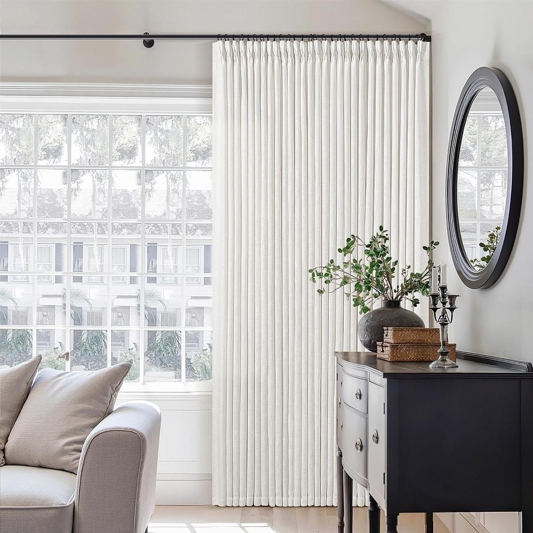 Pinch Pleated Linen Curtains 112 Inches Long for Living Room Bedroom Light Filtering Boho Window Drape 112 inch 2 Panels with Hooks Ring Beige White Ivory Sliding Glass Door Semi Sheer Curtain