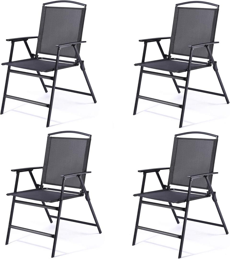 Patio Folding Sling Dining Chairs Portable Outdoor Indoor Backrest Household Seats for Outside Lawn Garden Balcony Pool Yard with Armrest Set of 4(Black) Patio Folding Sling Dining Chairs Portable Outdoor Indoor Backrest Household Seats for Outside Lawn Garden Balcony Pool Yard with Armrest Set of 4(Black)