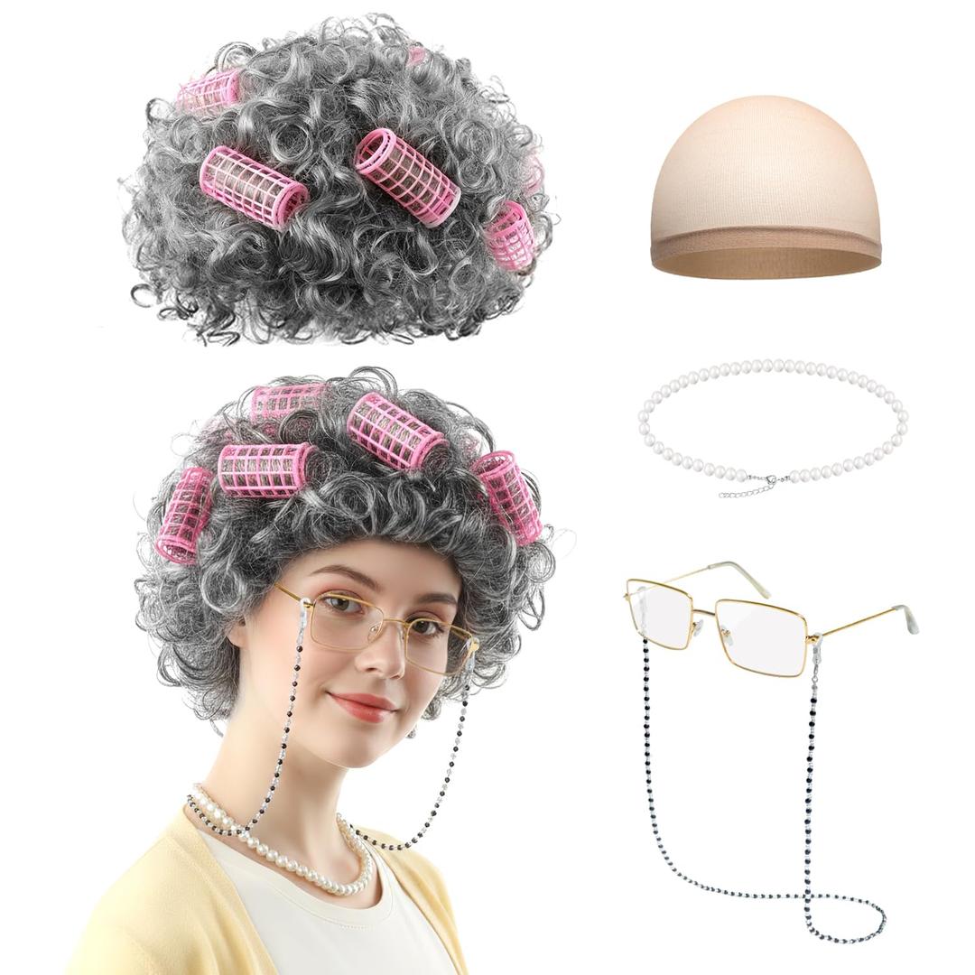 Old Lady Costume for Women, 5 PCS Kids 100 Days of School Grandma Wig Costume Halloween Girls Adults Cosplay Accessories Set (Light Gray Curly)