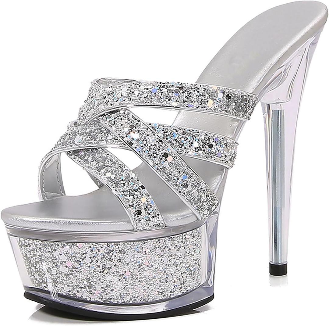 Women's Cross Strappy Platform Super Stiletto Prom Slides Sexy Round Toe Ultra Clear High Heels 5.71IN Dress Prom Party Mule Sandals (9, White)