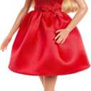 Barbie Mattel 80th Anniversary Ruby-Red Celebration Blonde Fashion Doll Wearing Red Dress with Silvery Shoes & Necklace, Collectible Toy