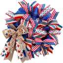 250th Anniversary Patriotic Wreaths for Front Door, 24 Inch Large Full Layered & Pre-Lit Design 4th of July Decorations with Burlap Bow, Red White and Blue Ribbon Wreath for Memorial Day