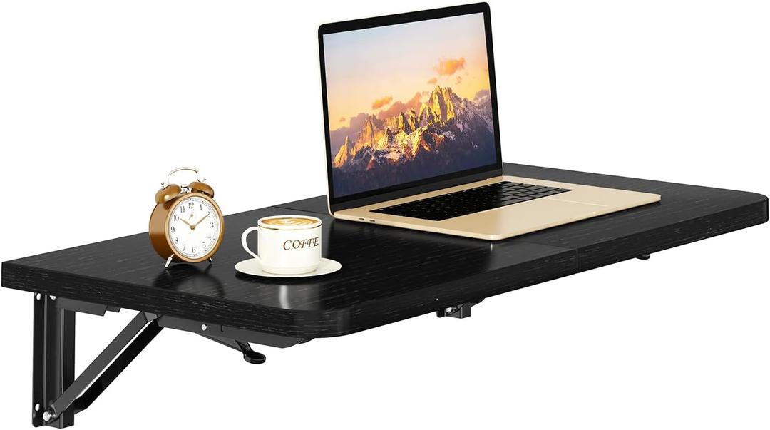 IBUYKE Wall Mounted Folding Table, Floating Wall Desk for Small Spaces, Fold Down Laundry Shelf with Heavy-Duty Brackets, Wall Table for Home Office/Bar/Kitchen/Dining Black UTVT005B