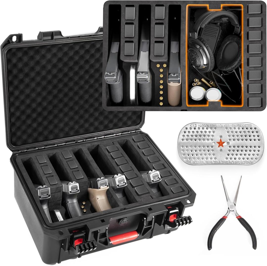 Cases for Handguns, 5 Pistol Case & 21 Magazine Pre-Cut Multiple Pistols Shockproof Waterproof Hard Pistol Cases with Desiccant TSA Approved Travel Case