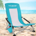HAUSHOF High Back Beach Chair, Mesh Back Folding Chair, Lightweight Low Seat Camping Chairs with Cup Holder, Carry Bag, Padded Armrest for Outdoor Beach Lawn Camping Picnic Festival