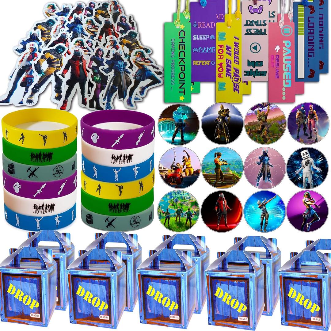 Gaming Party Supplies Set - 64 Pack Video Game Birthday gifts set, 10 Gaming Themed Gift Boxes, 10 Bookmarks, 10 Badges, 10 Bracelets & 24 Stickers Decoration