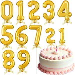 10pcs 3D Gold Number Cake Toppers 0-9 Happy Birthday Party Cake Decorations on Stick for 1st 16th 21st 30th 40th 50th Birthday Wedding Anniversary Party Supplies Decorations