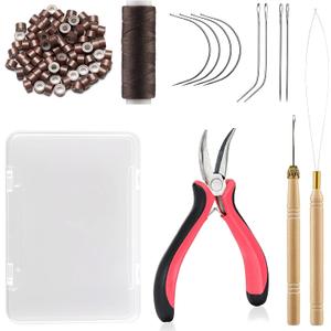 VCAY Hair Extensions Tools Kit, 200 PCS Silicone Lined Ring Beads,1 Three Hole Hair Plier, 1 Threader,1 Crochet Hook,1 Roll Sewing Thread,8 Sewing Needles(Brown)