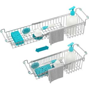 Over The Kitchen Sink Caddy Sponge Holder Organizer Drying Rack Expandable for Sponge Brush Soap Dish Cloth Rag 14.5" to 22", Stainless Steel