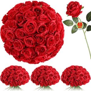 Luyue 40PCS Red Roses Artificial Flowers - Long Stem Fake Roses Bouquet Silk Red Flowers Artificial Rose for Wedding Centerpiece Home Decor & Valentines Floral Arrangement