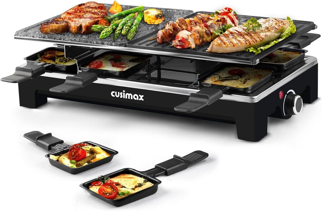 Raclette Table Grill, CUSIMAX Indoor Grill Electric Grill, Portable Korean BBQ Grill with 2 in 1 Reversible Non-stick Plate & Natural Grill Stone, 8 Raclette Pans 8 Wooden Spatulas for Family Fun (Jet Black)