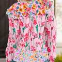 SHEWIN Women's Blouses Split V Neck Mixed Floral Print Long Sleeve Chiffon Fall Tops Striped Trim Shirts (Pink, XXL)