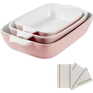 Ceramic Casserole Dishes Set of 3, Stoneware Baking Pans for Oven, Rectangular Lasagna Dish & Bakeware Set, Pink (14.7/12.4/10.3)