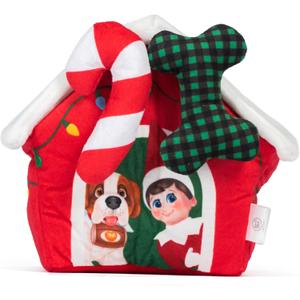 The Elf on the Shelf Doghouse Plush Burrow Toy for Pets | 7 Inch Plush Dog House with 2 Removable Plush Toys for Dogs, Bone & Candy Cane with Crinkle Texture (3-Pack)
