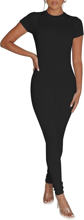 Women's Backless Bodycon Jumpsuit Short Sleeve One Piece Outfits Black XS