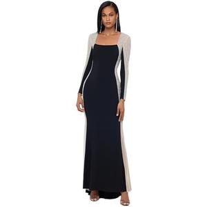 Xscape Women's Long Square Neck Long Sleeve Beaded Contour Gown, Black Nude Silver, 10