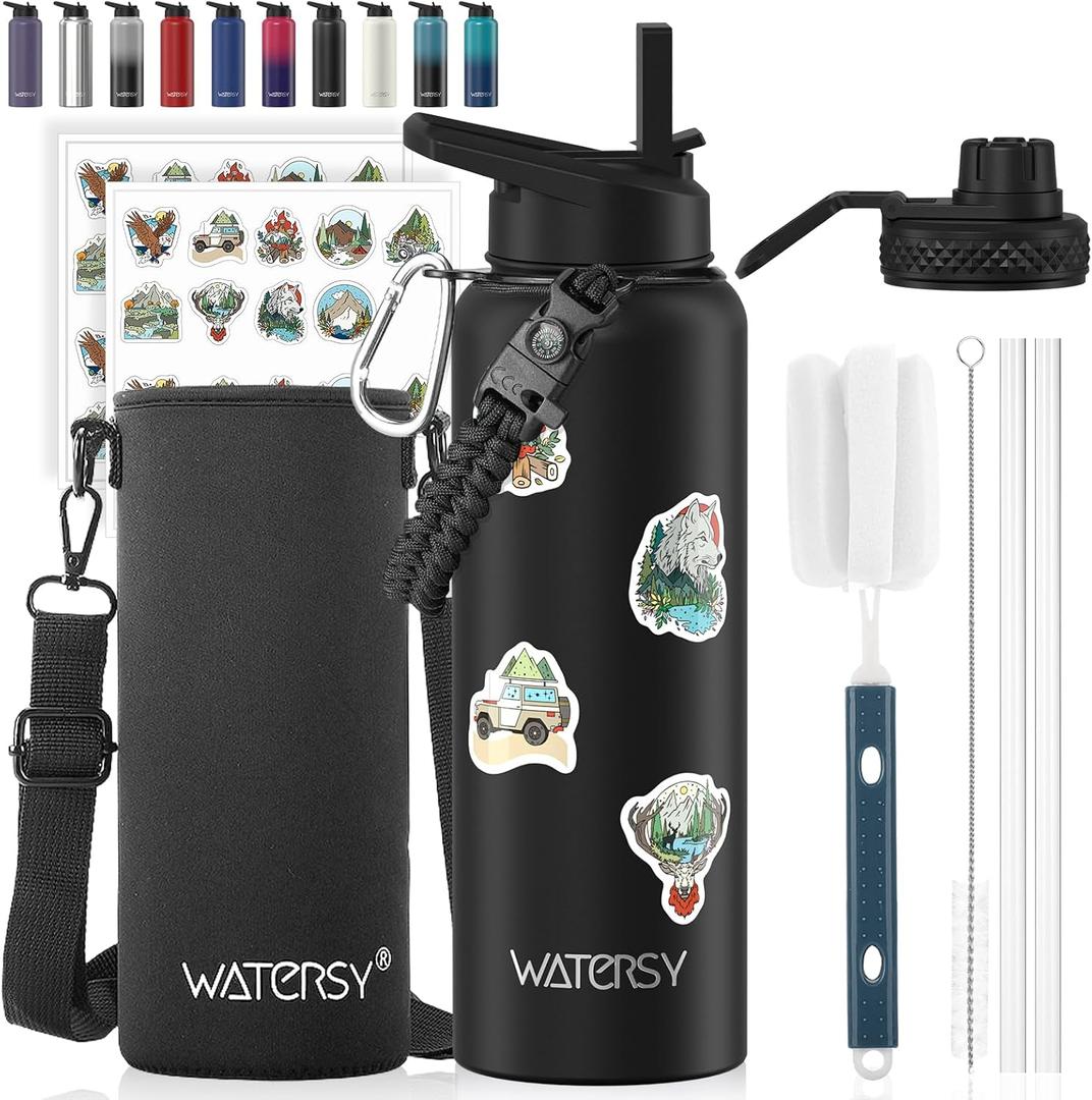 40oz Insulated Water Bottle (Cold for 48 Hrs), BPA Free&Leak Proof, Stainless Steel Water Flask, Water Jug with Straw Spout Lids for Gym, Hiking, Travel, Black