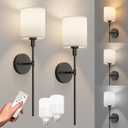 Tipace Battery Operated Wall Sconce Set of 2 with Remote,White Fabric Shade Wall Sconce Lighting Black Indoor Wireless Dimmable Wall Lamp for Living Room Bedroom Hallway