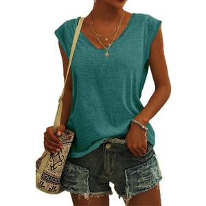 Womens Cap Sleeve T Shirts V Neck Casual Tops Oversized T-Shirt Summer Trendy Lightweight Loose Fit Basic Tees (Green, XL)