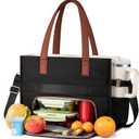 LOVEVOOK Teacher Tote Bag for Women,Multi-pocket Laptop Bag with Large Cup Holder,Nurse Bags Work Travel Computer Handbag (15.6 inch-lunch tote with long strap, Black Cream Brown-lunch Tote)