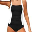 Girls Tankini Swimsuit Solid Color Blocking Two Piece Bathing Suit Ruched Design Holiday Girls' Swimwear for 9-16Y (11-12 Years, Black+white)