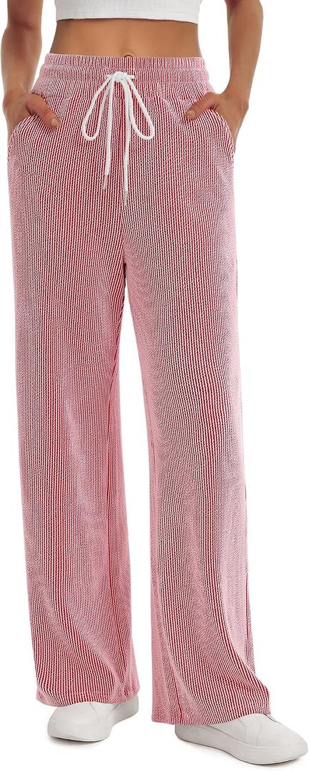 Sarin Mathews Wide Leg Casual Pants for Women High Waisted Cotton Jacquard Drawstring Loose Lounge Work Pants with Pockets