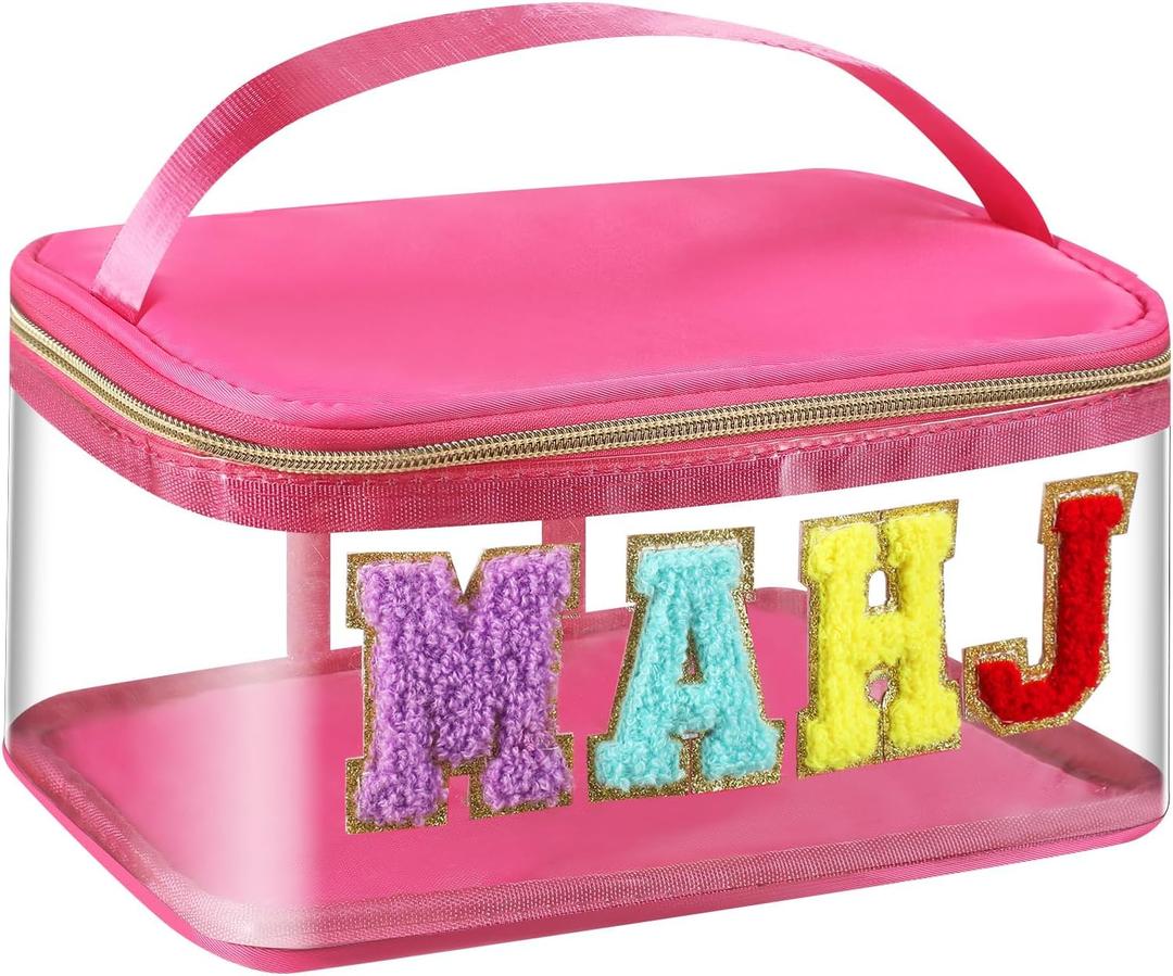 Kinlop American Mahjong Bag Empty Clear Mahjong Tiles Bag, Letter Embroidery Mahjongs Case for Standard Size American Mahjongs Set, Case Only(Pink,Mahj)