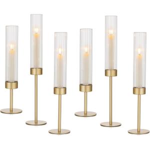 Hewory Gold Hurricane Candle Holders: Brass Candlestick Holders Set of 6 Tall Taper Candle Holders for Candlesticks Candle Sticks Holder Decor for Table Centerpiece Wedding Party Christmas Decorations