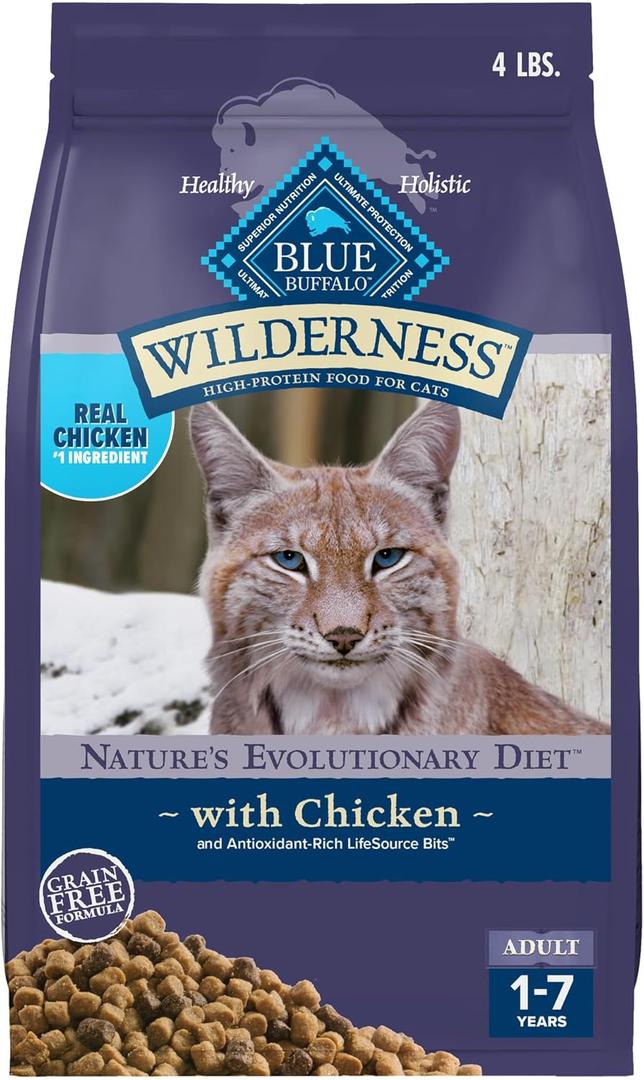 Blue Buffalo Wilderness Nature's Evolutionary Diet High-Protein, Grain-Free Natural Dry Food for Adult Cats, Chicken, 4-lb. Bag (4 Pound (Pack of 1))