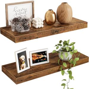 Fixwal Floating Shelves for Wall, 15.7" Wood Wall Mounted Shelves for Living Room, Bedroom, Bathroom and Kitchen, for Storage, Books, Room Decor (Rustic Brown, Set of 2)