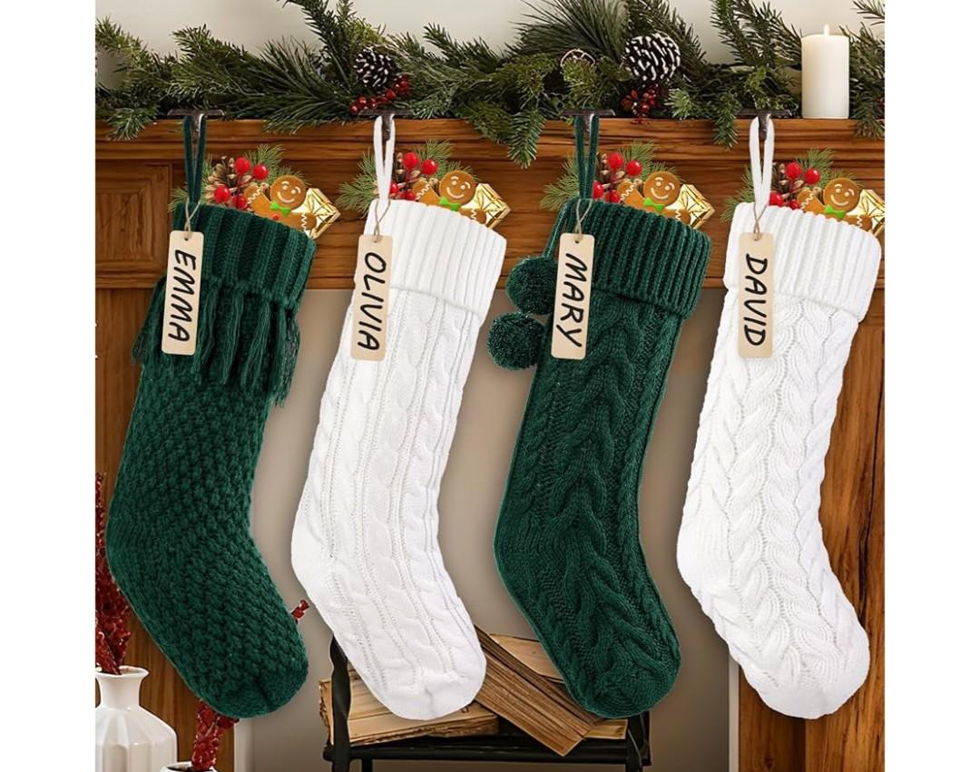 4pcs 18Inches Knitted Christmas Stockings Decoration, Cream White Dark Green Large Cable Xmas Hanging Stocking Personalized Knit Stocking's with Name Tags for Family Home Farmhouse Decor
