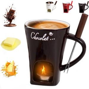 Sweet Fondue Cup for Date Night and More, Chocolate Fondue Mug with Fork, Personal Chocolate Melting Cup for Cheese, Ceramic Chocolate Melting Cup For Birthday Wedding Gifts (Brown)