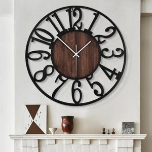 LEIKE Large Wall Clocks for Living Room,Silent,Non Ticking,Battery Operated Oversized Vintage Round Modern Wood Wall Clock for Bedroom,Farmhouse,Office Home Decor-24 Inch(Black-Arabic Number) (Black Wood-arabic Number)