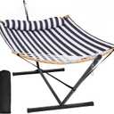 SUNCREAT Hammocks Extra Large Hammock with Stand Included, Double Hammock with Curved Spreader Bar, Black Stripes