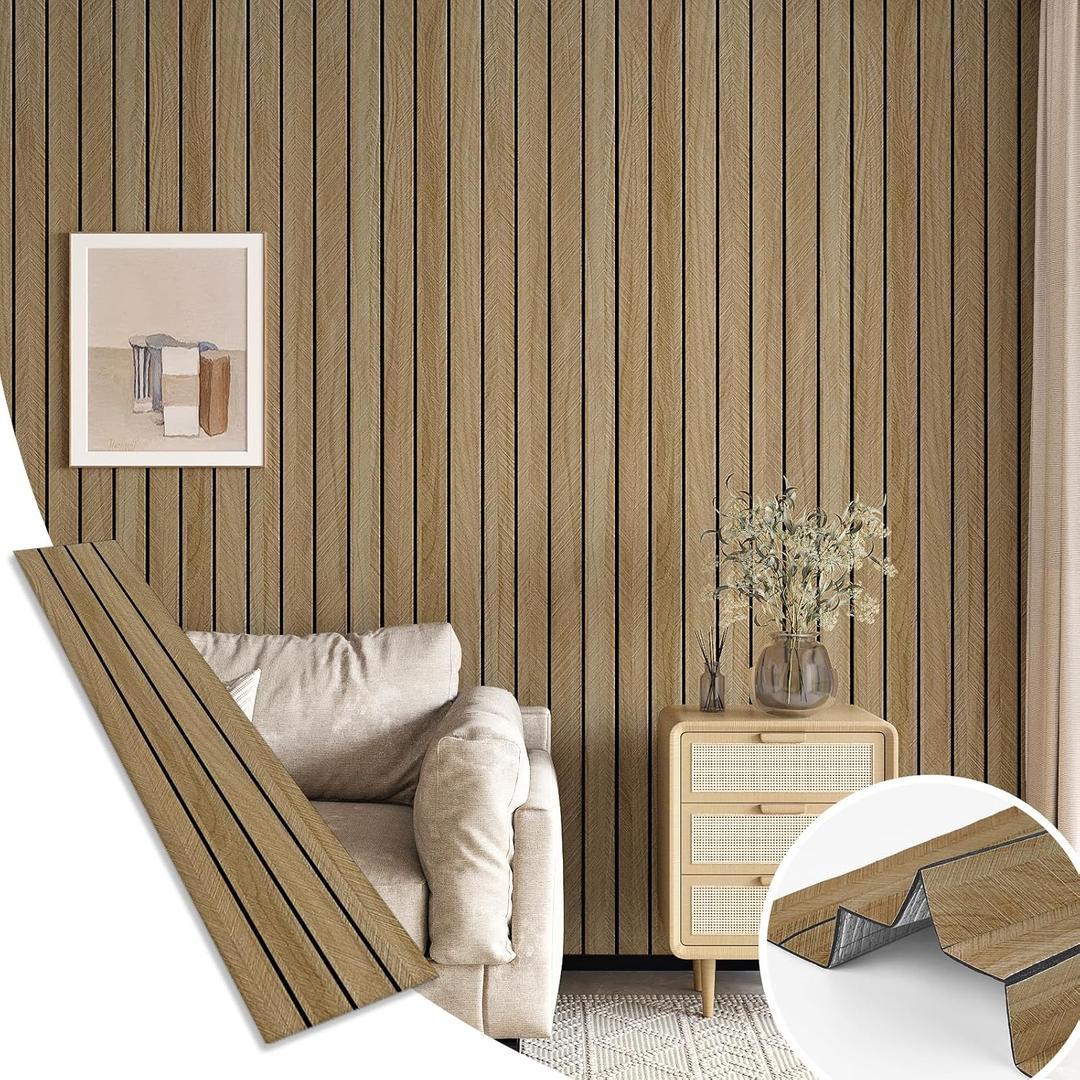 3D Wood Panels for Wall Acoustic Wood Wall Panels 11.8"x196" Soundproof Vintage Wooden Slat Wallpaper Removable Herringbone Shiplap Wallpaper for Bedroom TV Background Living Room Ceiling (Brown)