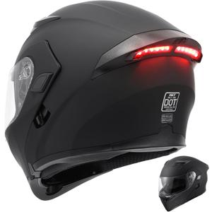 OUMURS DOT Modular Motorcycle Full Face Helmet Flip-Up Dual Visor, Lightweight & DOT Approved, Matte Black (Large, Modular Helmet With Rear LED Lights)