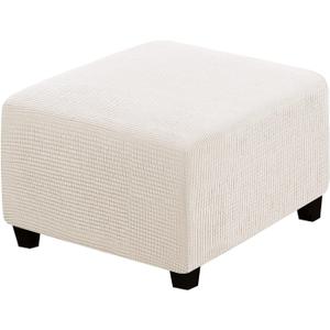 H.VERSAILTEX Square Ottoman Covers Ottoman Slipcovers Folding Storage Stool Furniture Protector Form Fit with Elastic Bottom, Stretch High Spandex Small Checks Jacquard Fabric, Large, Ivory
