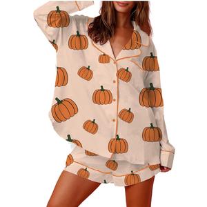 MBZJSDKHLK Women's Halloween Pajamas Set Silk Satin Ghost Pumpkin Print Long Sleeve Button Down Shirt 2 Piece Pjs Shorts Sets, M