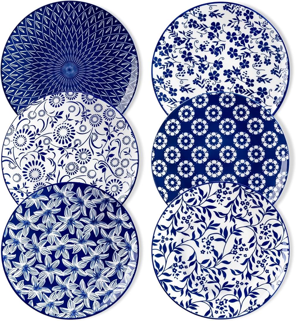 vancasso Ceramic Salad Plates Set of 6, Small Vintage 8.25 Inch Plate Set of 6 for Kitchen, Porcelain Blue and White Dessert Plates for Kitchen, Microwave Oven Dishwasher Safe, Vintage Gift