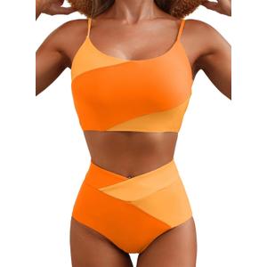 Herseas Women 2 Piece High Waisted Bikini Sets Color Block Popular Swimsuit 2026 Summer Beach Best Bathing Suits (Orange, M)