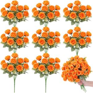 Zeyune 8 Pack 12 Inch Mini Wedding Bouquets for Bride Bridesmaid 80 Heads Orange Artificial Rose Bouquet with Long Stems Fake Silk Roses Flowers Bunches Bulk for Party Decoration Table Centerpieces