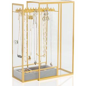 Glass Necklace Organizer Holder, Jewelry Organizer Necklace Holder with Hanging Hooks, Glass Necklaces Display Case for Storage Rings Earrings