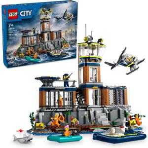 LEGO City Police Prison Island Building Set, Birthday Gift for Boys and Girls Ages 7 Plus, Imaginative Play, Helicopter Toy, Boat Toy and Dinghy, 7 Minifigures with Dog and Shark, 60419