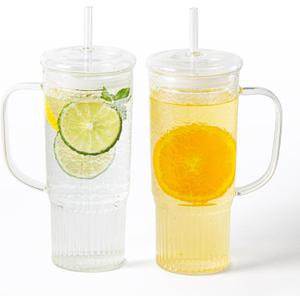 GOSCHE Glass Cups with Lids and Straws, 24oz Clear Iced Coffee Cups with Handle, Glass Tumbler with Straw and Lid for Smoothie Water Tea Juice, Clear, 2 Pack