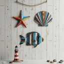 Novabright 3 Pcs Colorful Ocean Wall Decor Art Wooden Sea Fish Seashell Starfish Decor, Farmhouse Coastal Wall Decoration for Beach House Bedroom Hanging Nautical Art for Home Indoor Living Room
